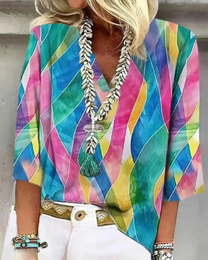 V-Neck Contrast Color Blouse - Blue / S