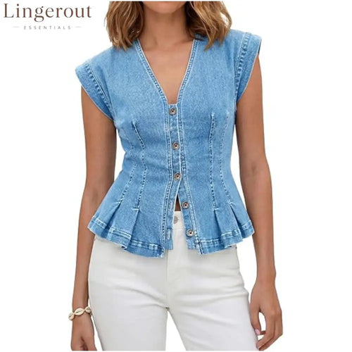 V-Neck Denim Peplum Vest - Light blue / S