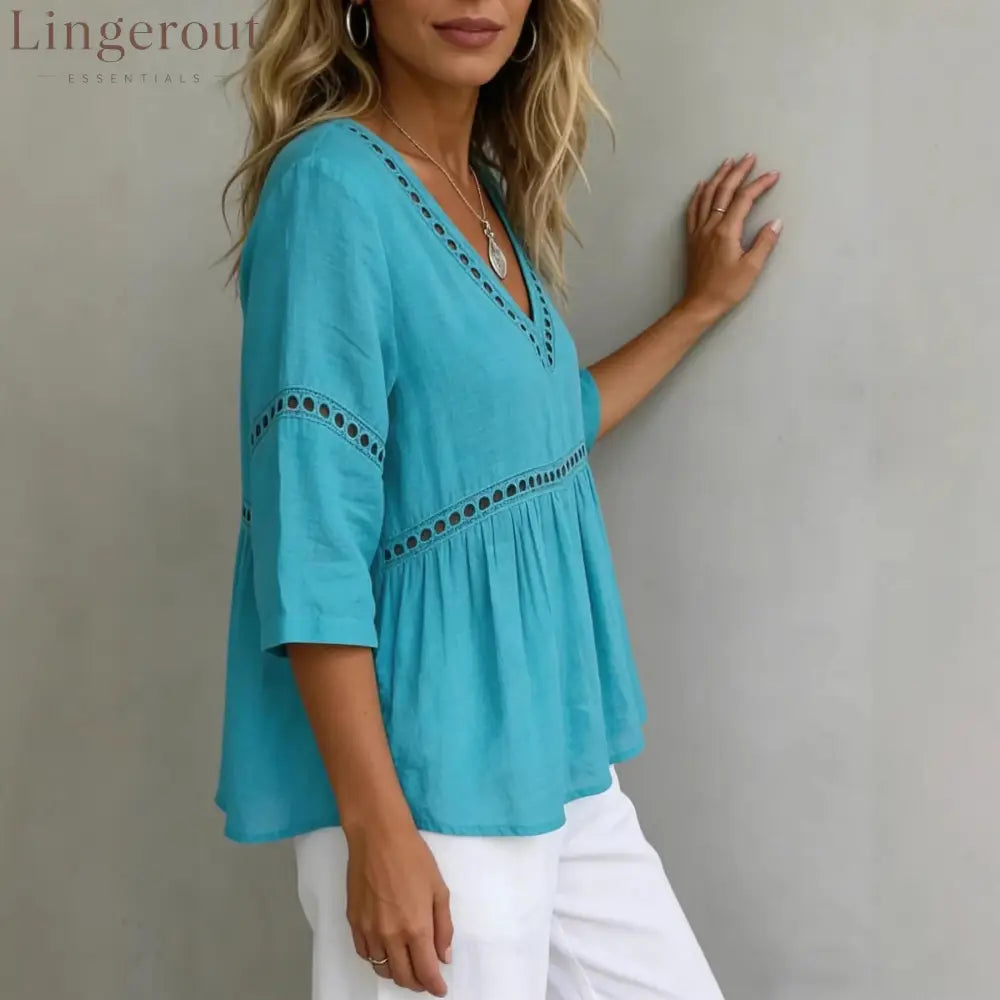 V-Neck Hollow-Out 3/4 Sleeve Blouse