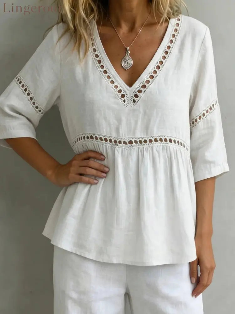 V-Neck Hollow-Out 3/4 Sleeve Blouse - White / S