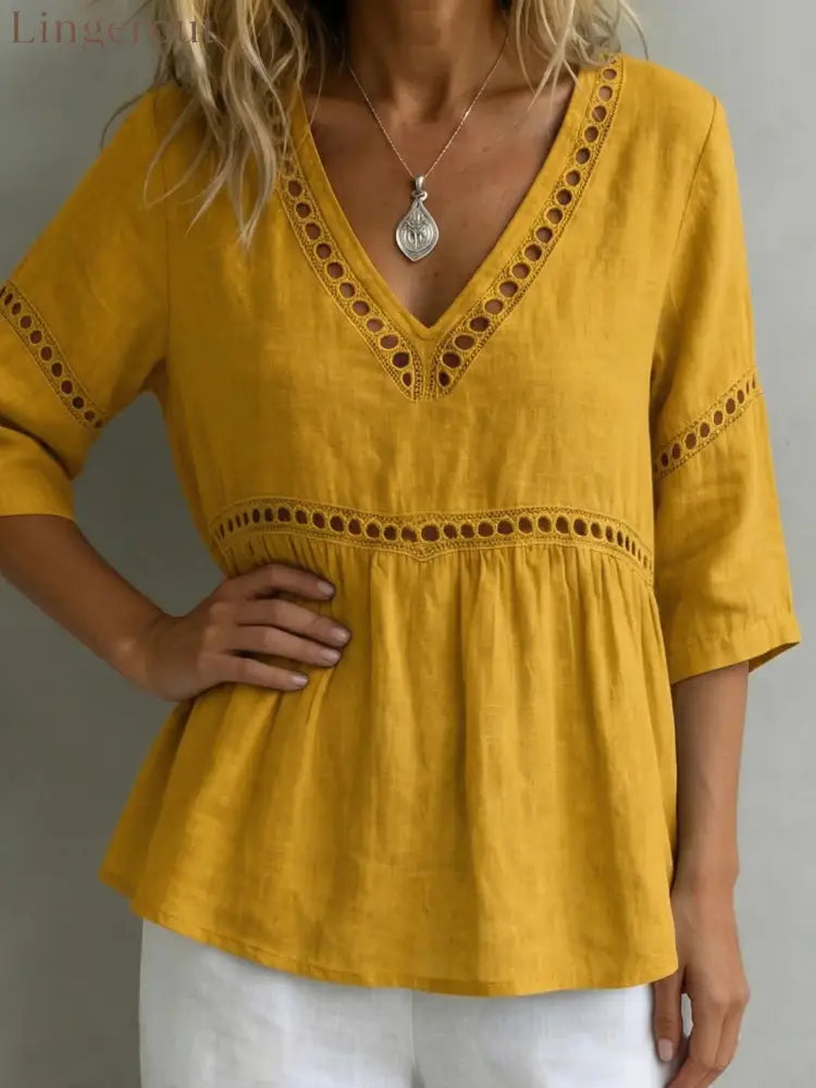V-Neck Hollow-Out 3/4 Sleeve Blouse - Yellow / S
