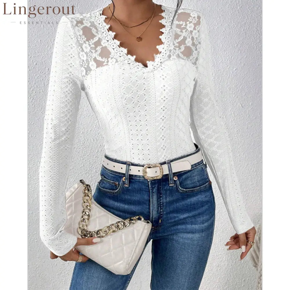 V-Neck Lace Panel Long-Sleeved Top