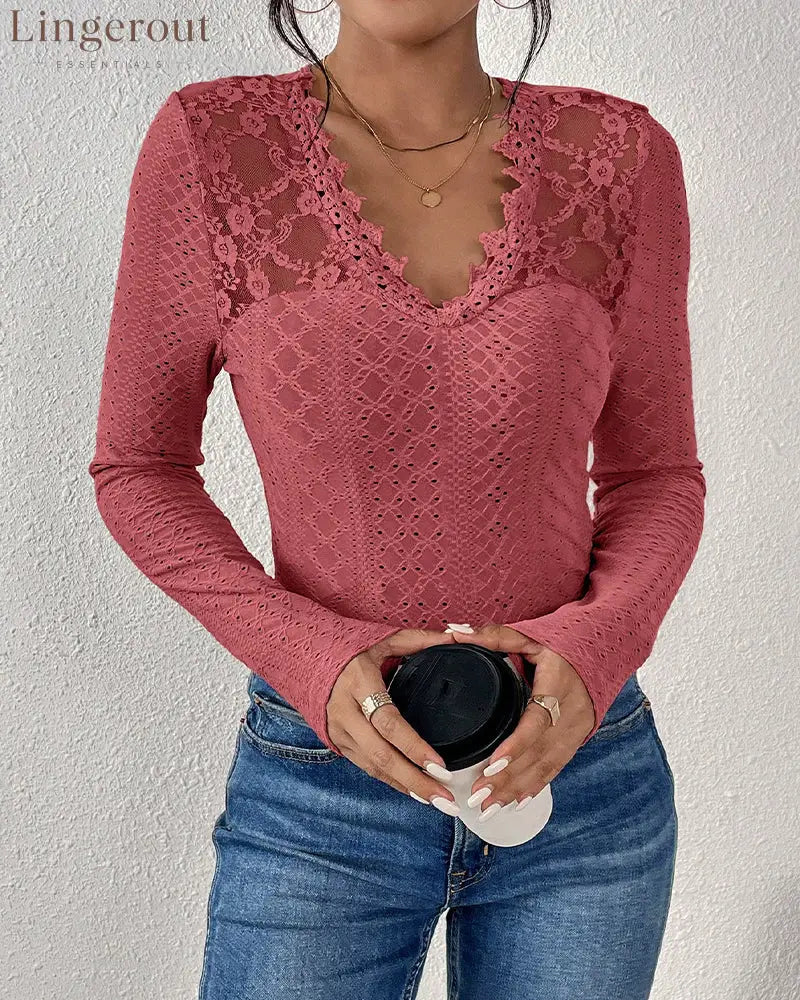 V-Neck Lace Panel Long-Sleeved Top