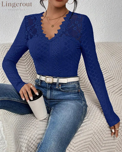 V-Neck Lace Panel Long-Sleeved Top