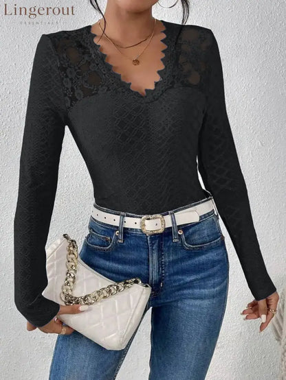 V-Neck Lace Panel Long-Sleeved Top - Black / S