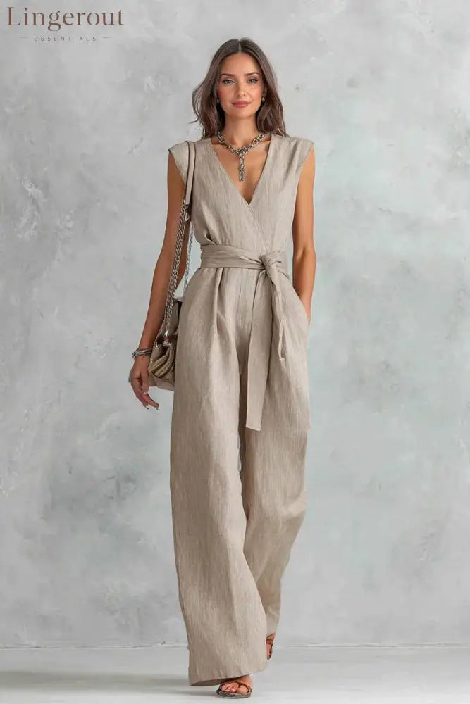 V-Neck Lace-Up Jumpsuit - Khaki / S