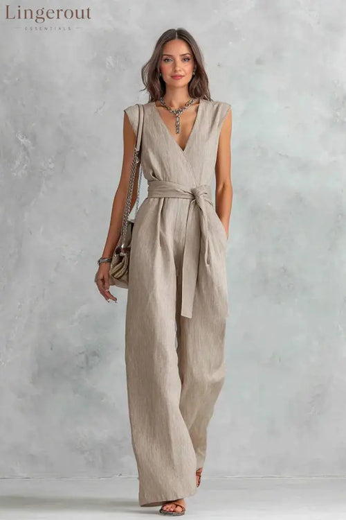 V-Neck Lace-Up Jumpsuit - Khaki / S