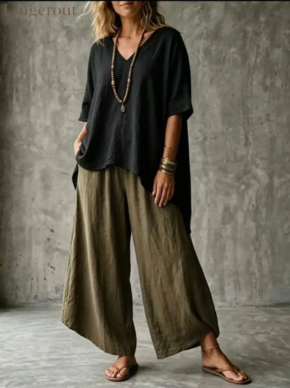 Cross-Border Popular Relaxed Linen Suit Bohemian Style Solid Color V-Neck Short-Sleeved Top + High-Waisted Wide-Leg