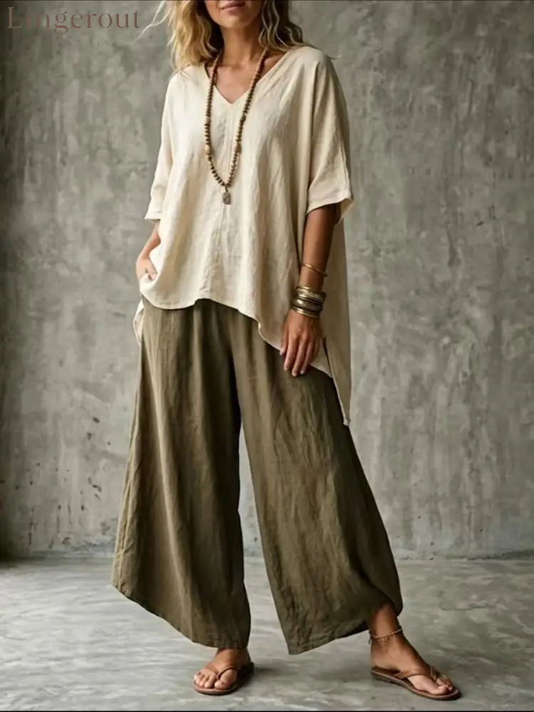 Cross-Border Popular Relaxed Linen Suit Bohemian Style Solid Color V-Neck Short-Sleeved Top + High-Waisted Wide-Leg
