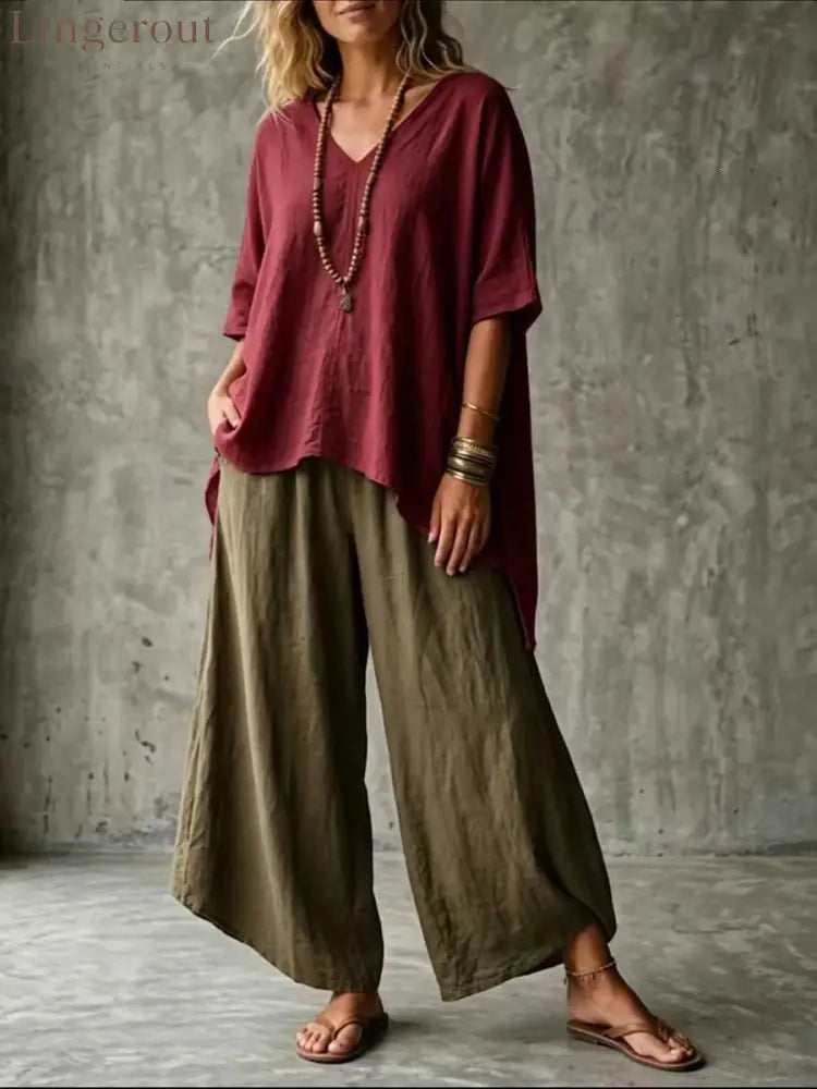 Cross-Border Popular Relaxed Linen Suit Bohemian Style Solid Color V-Neck Short-Sleeved Top + High-Waisted Wide-Leg