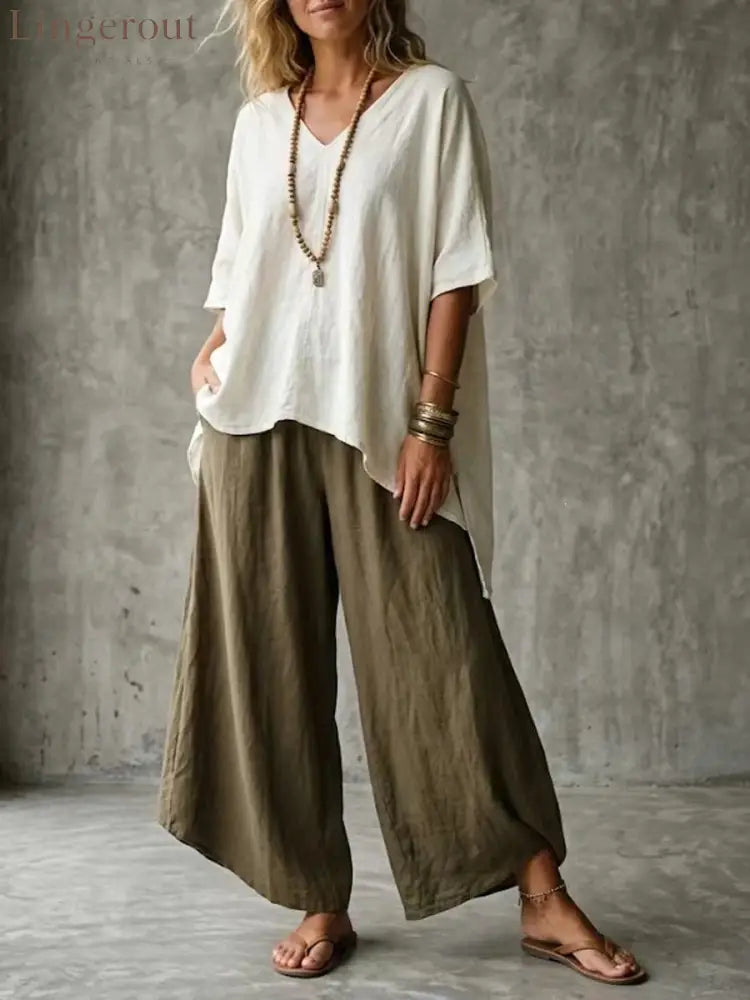 Cross-Border Popular Relaxed Linen Suit Bohemian Style Solid Color V-Neck Short-Sleeved Top + High-Waisted Wide-Leg