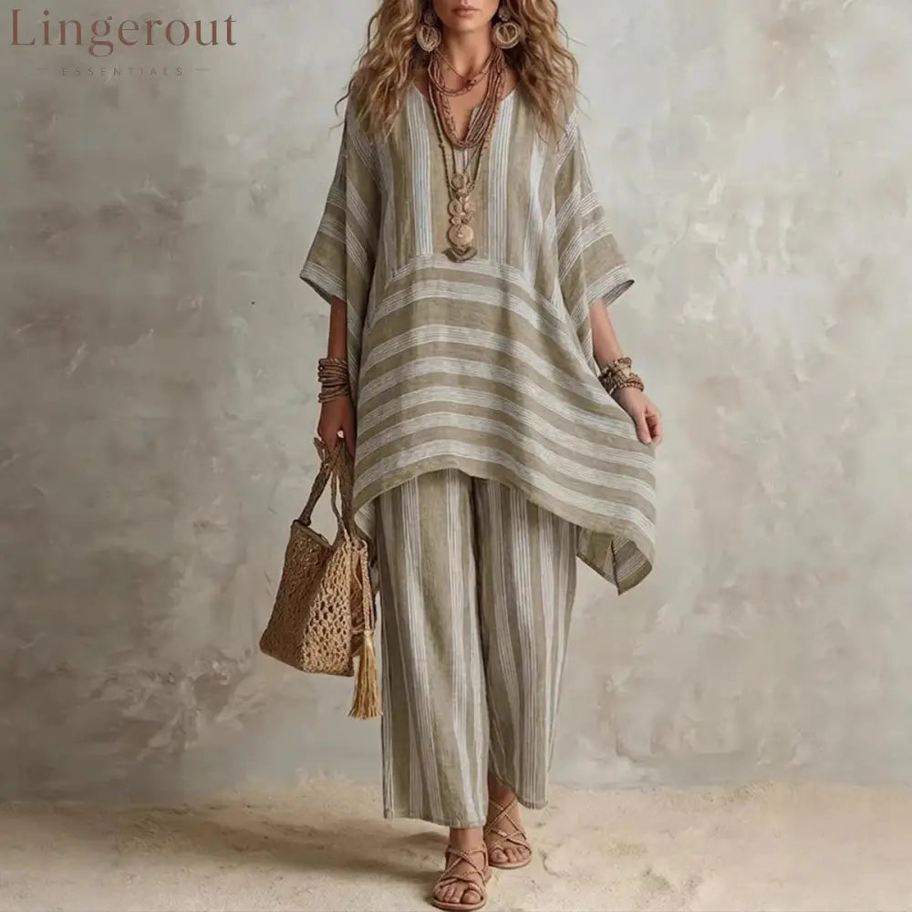V-Neck Loose Striped Casual Two-Piece Suit