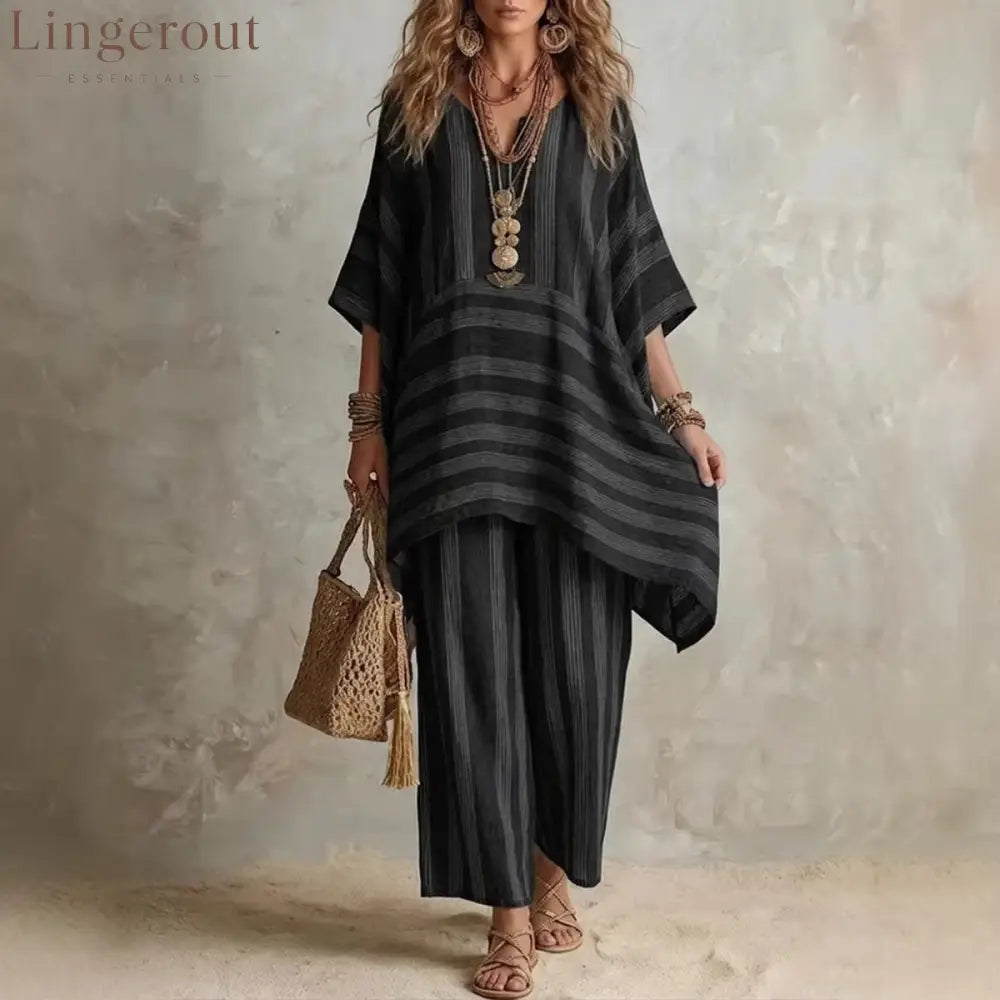V-Neck Loose Striped Casual Two-Piece Suit