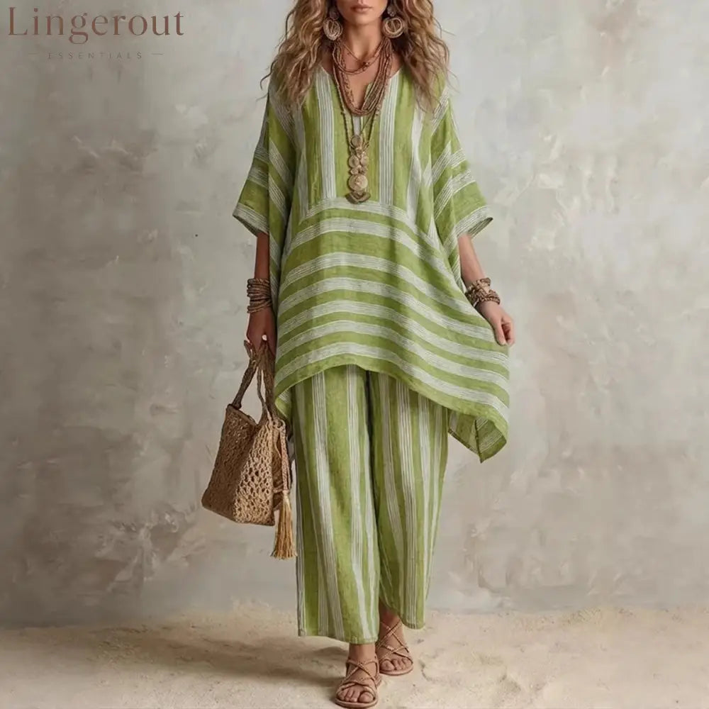 V-Neck Loose Striped Casual Two-Piece Suit