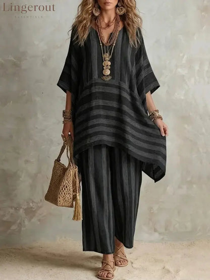 V-Neck Loose Striped Casual Two-Piece Suit - Black / S