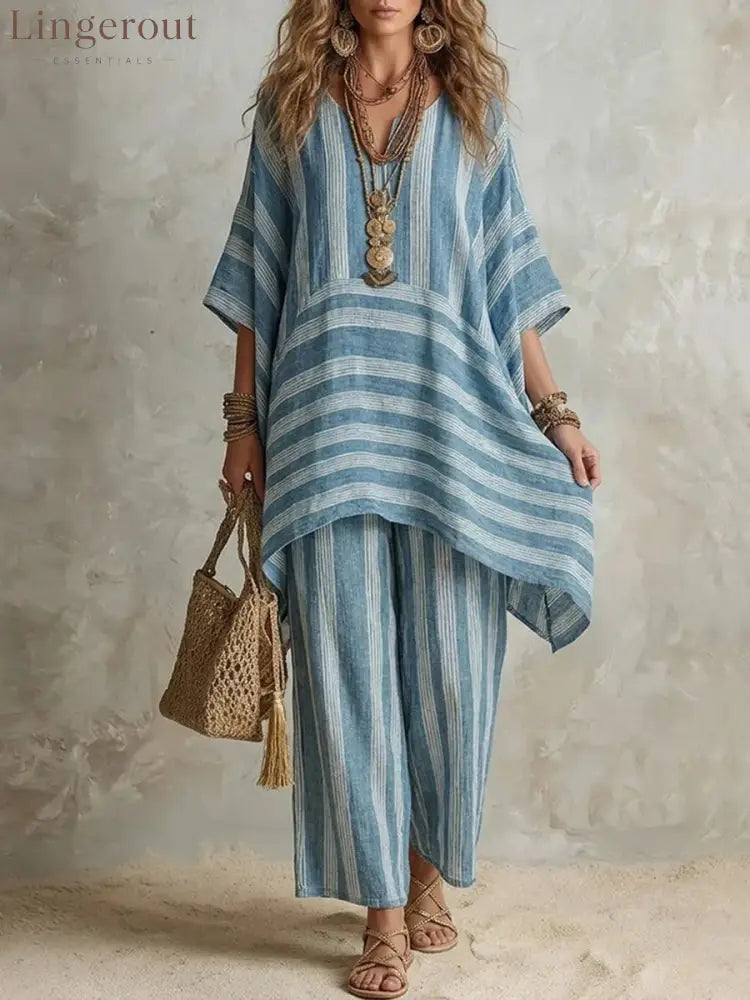 V-Neck Loose Striped Casual Two-Piece Suit - Sky blue / S