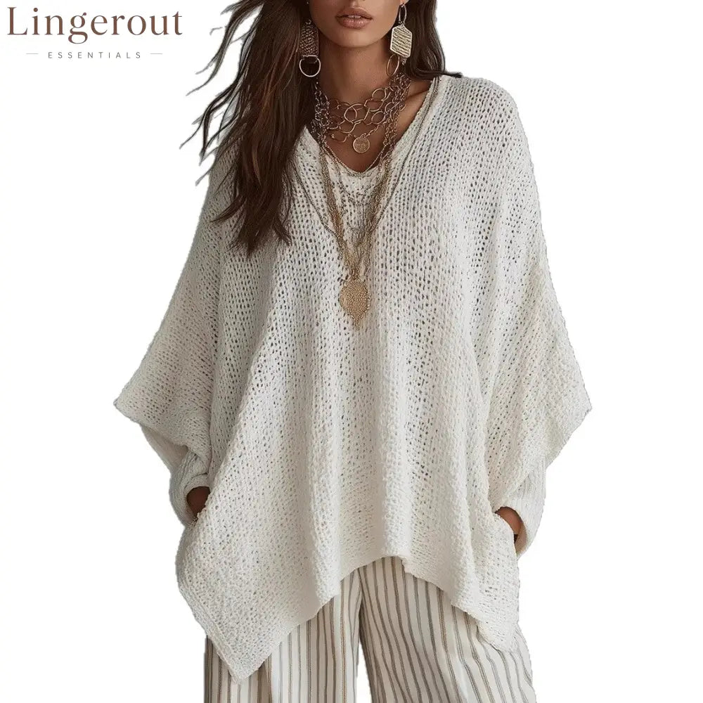 V-Neck Open Knit Oversized Batwing Long Sleeve Sweater Top