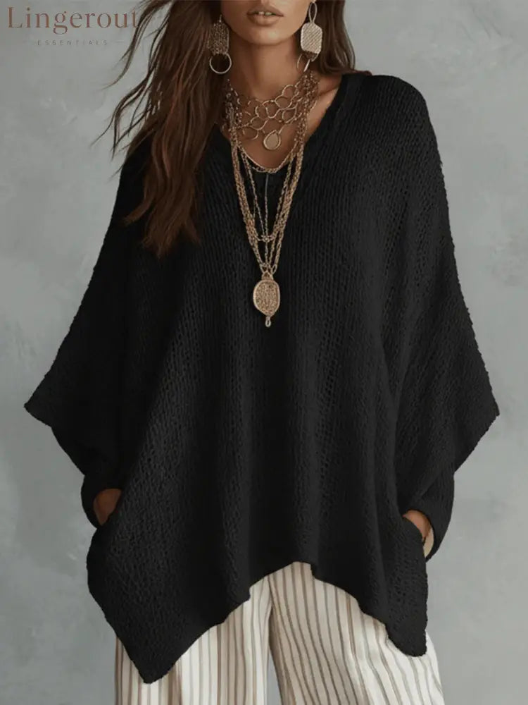 V-Neck Open Knit Oversized Batwing Long Sleeve Sweater Top - Black / S