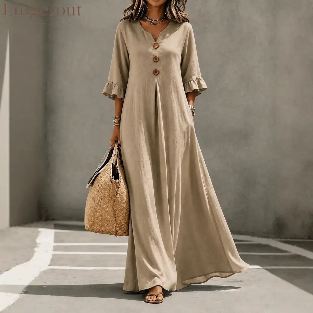 V-Neck Ruffle Sleeve Linen Maxi Dress