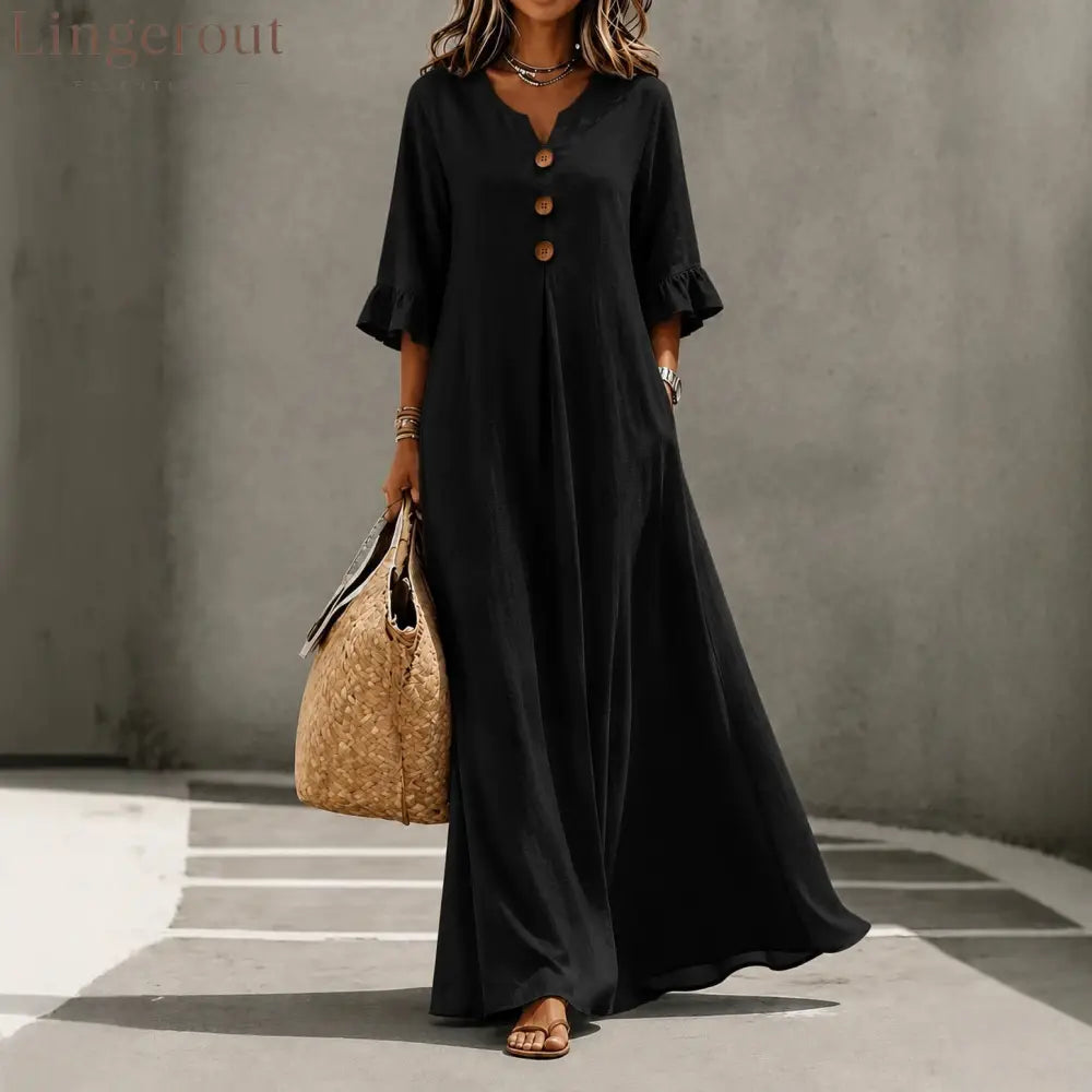 V-Neck Ruffle Sleeve Linen Maxi Dress