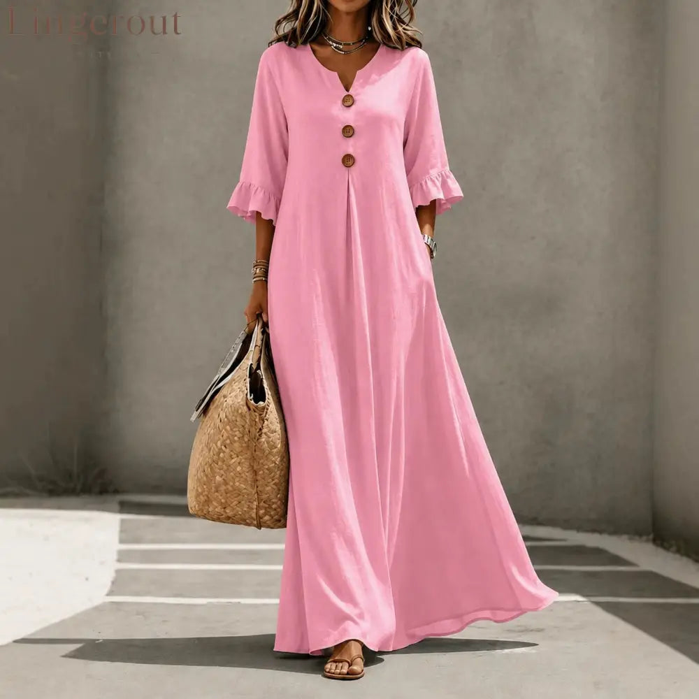 V-Neck Ruffle Sleeve Linen Maxi Dress