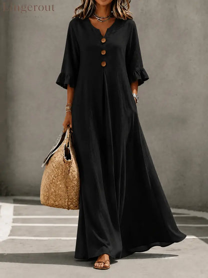 V-Neck Ruffle Sleeve Linen Maxi Dress - Black / S