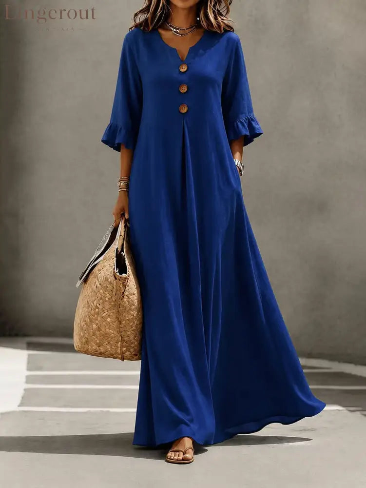 V-Neck Ruffle Sleeve Linen Maxi Dress - Dark blue / S