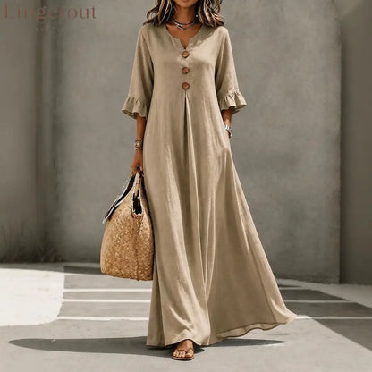 V-Neck Ruffle Sleeve Linen Maxi Dress - Khaki / S