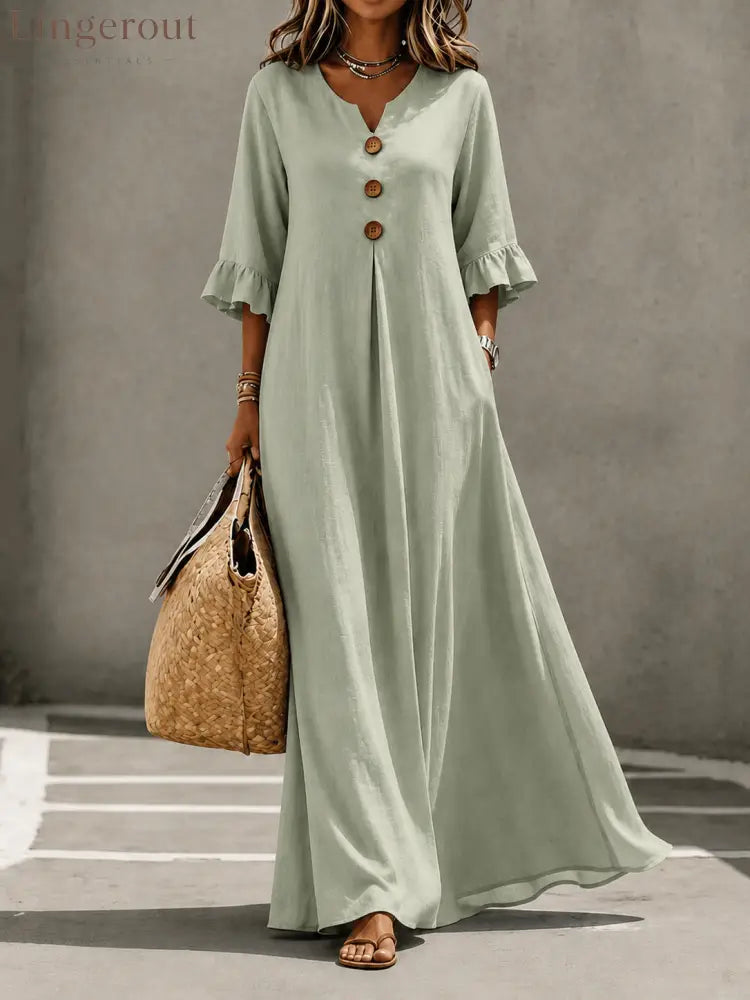 V-Neck Ruffle Sleeve Linen Maxi Dress - Matcha / S