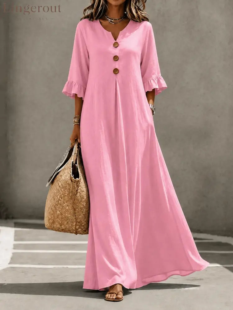 V-Neck Ruffle Sleeve Linen Maxi Dress - Pink / S