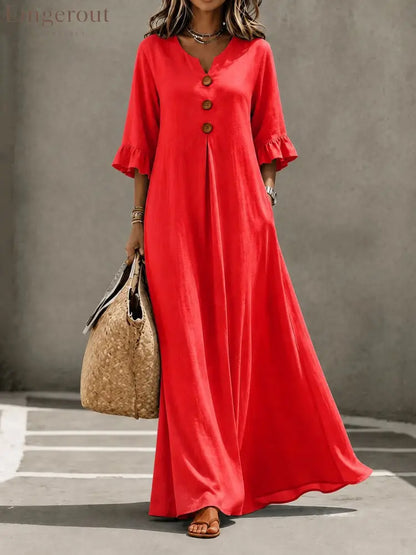 V-Neck Ruffle Sleeve Linen Maxi Dress - Red / S