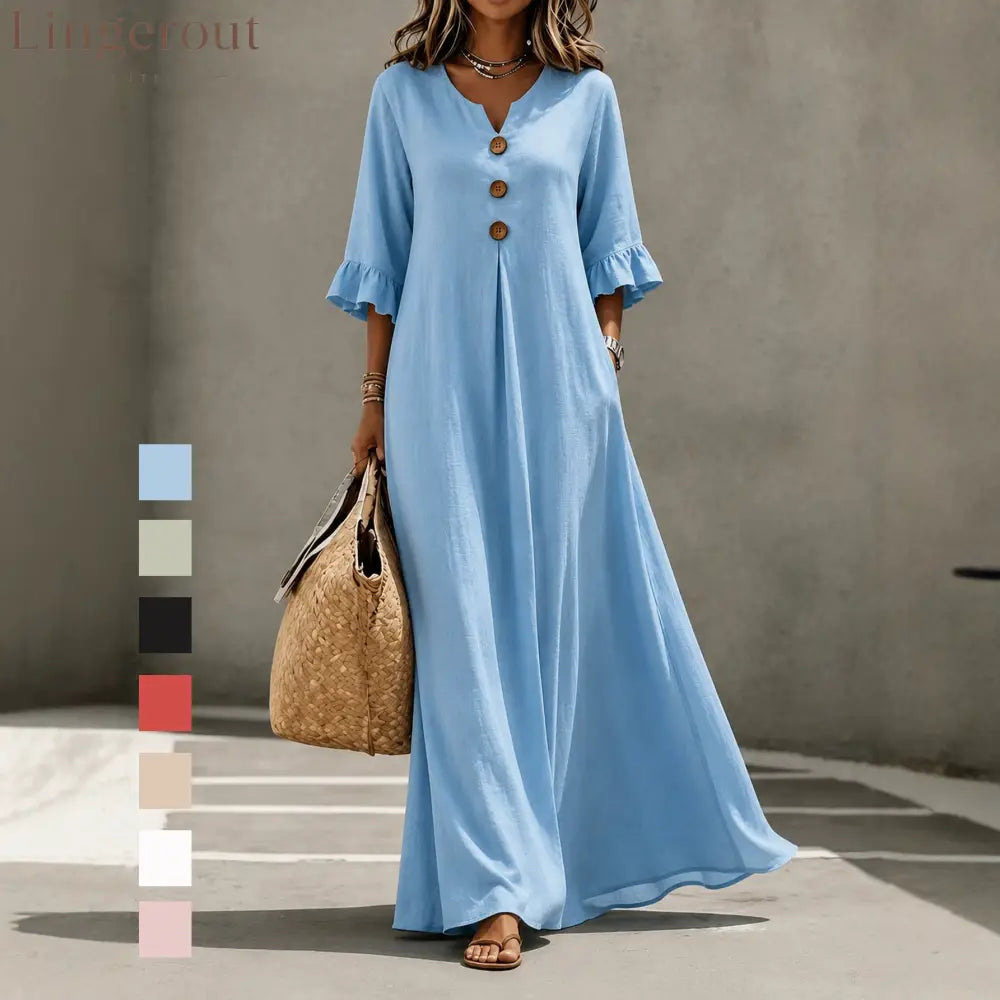 V-Neck Ruffle Sleeve Linen Maxi Dress - Sky blue / S