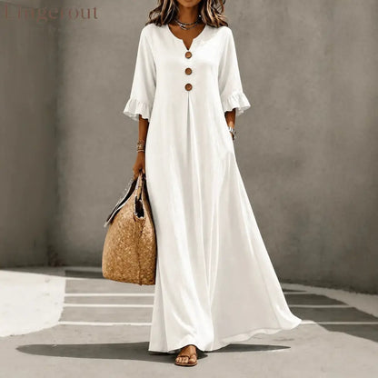 V-Neck Ruffle Sleeve Linen Maxi Dress - White / S