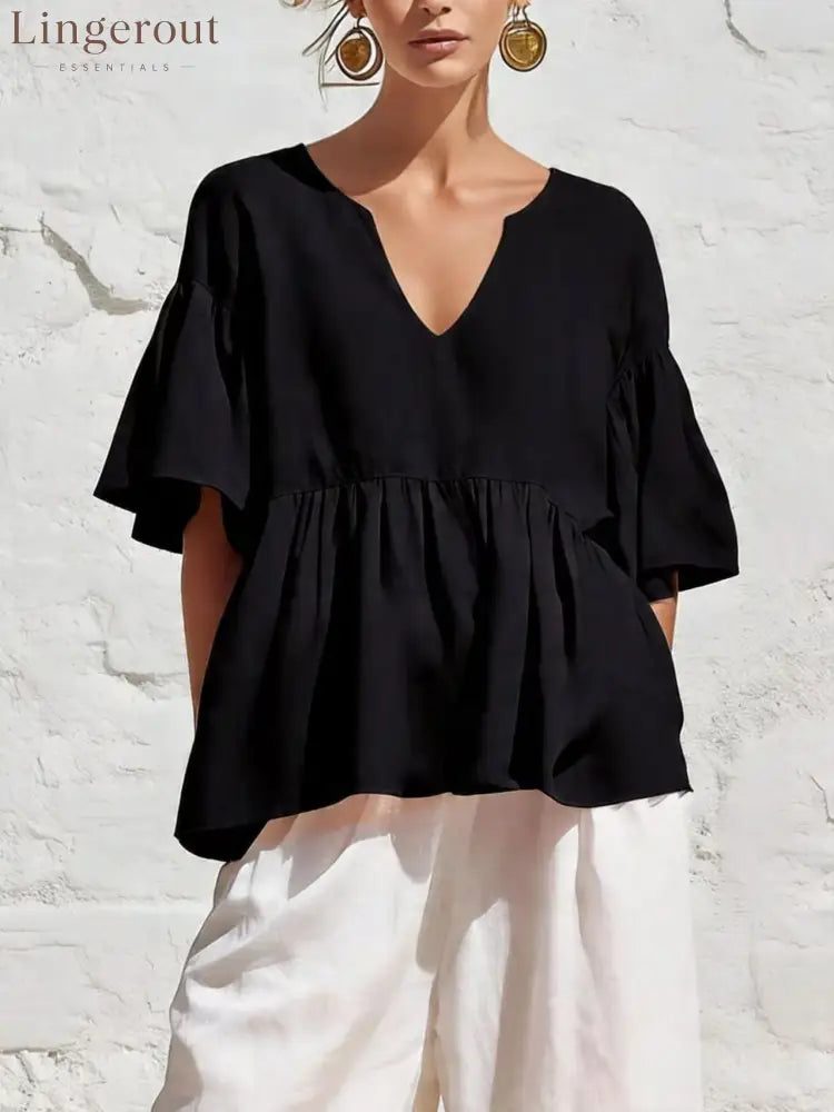 V-Neck Ruffle Sleeve Peplum Blouse - Black / S