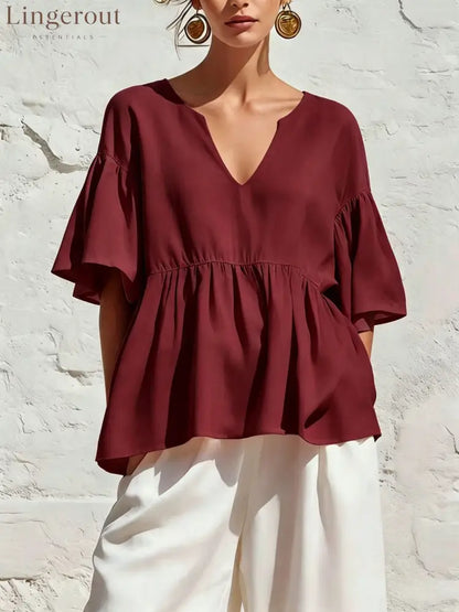 V-Neck Ruffle Sleeve Peplum Blouse - Deep red / S