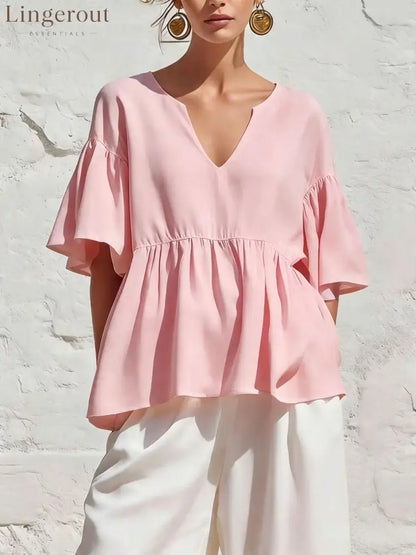V-Neck Ruffle Sleeve Peplum Blouse - Pink / S