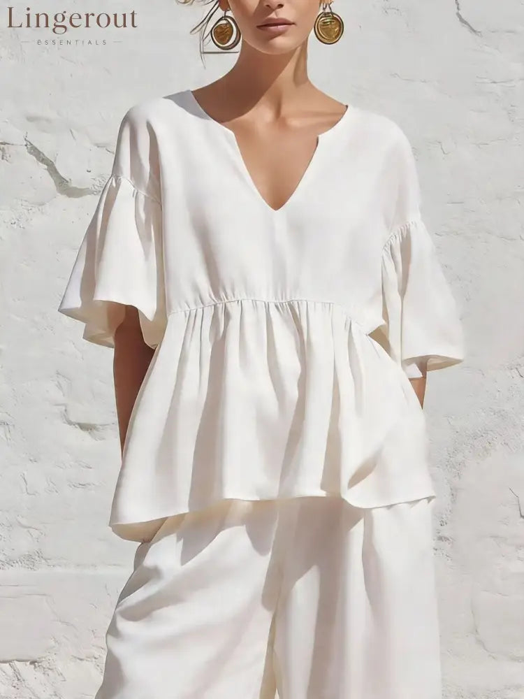 V-Neck Ruffle Sleeve Peplum Blouse - White / S