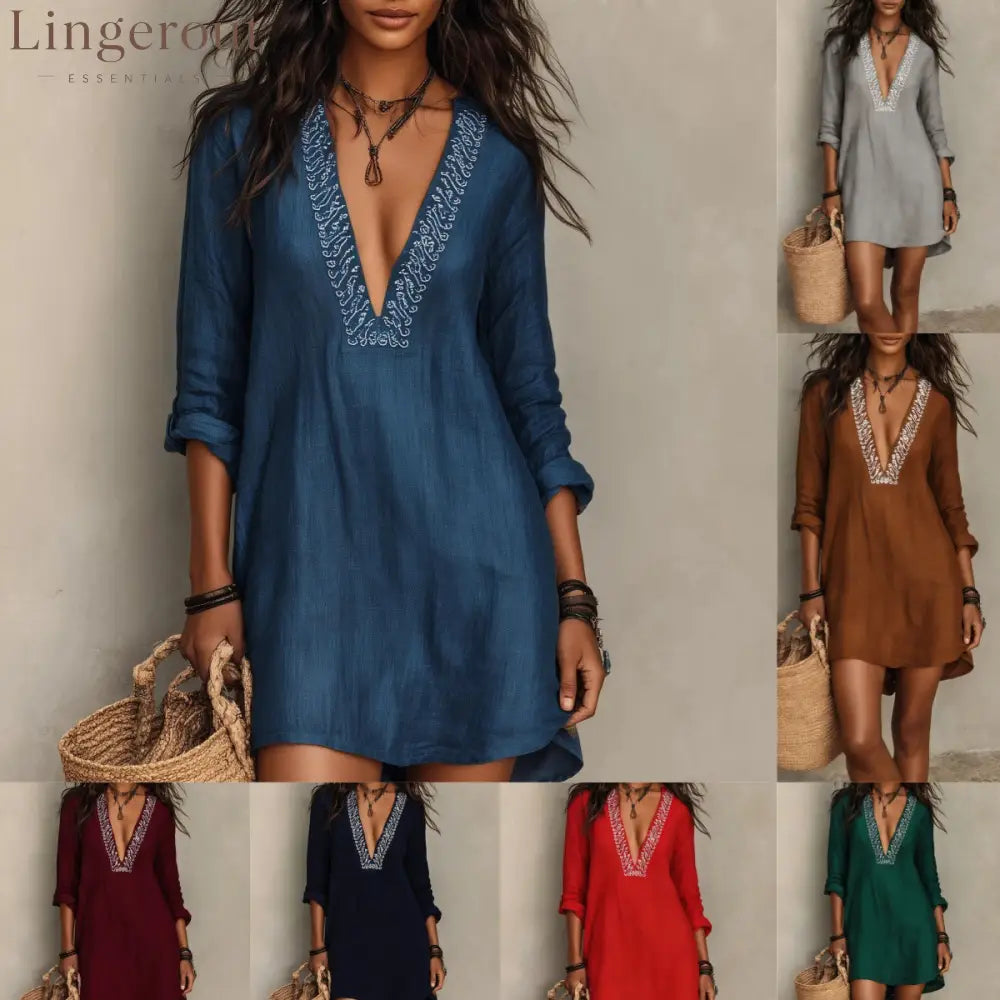 V-Neck Short-Sleeve Pleated Solid-Color Maxi Dress | 7 Colors