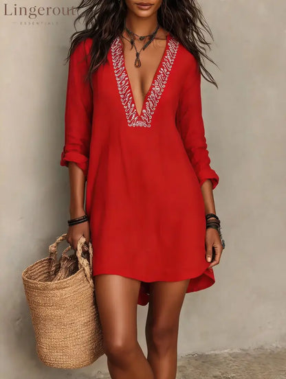 V-Neck Short-Sleeve Pleated Solid-Color Maxi Dress | 7 Colors - Red / XS