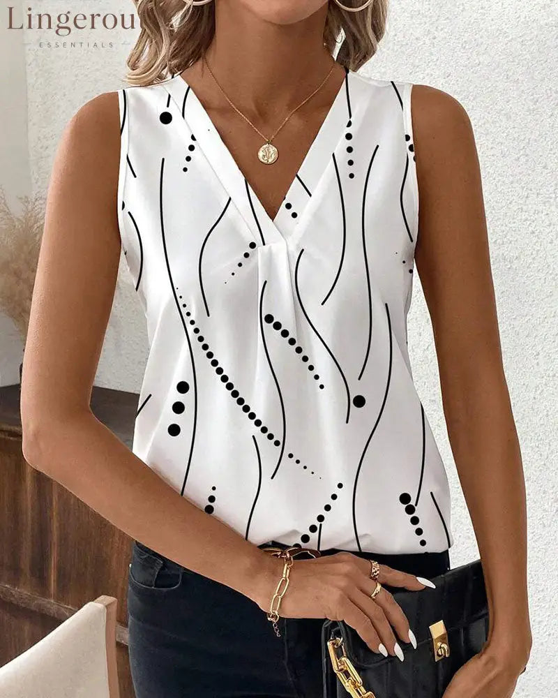 V-Neck Sleeveless Pleated Printed Vest