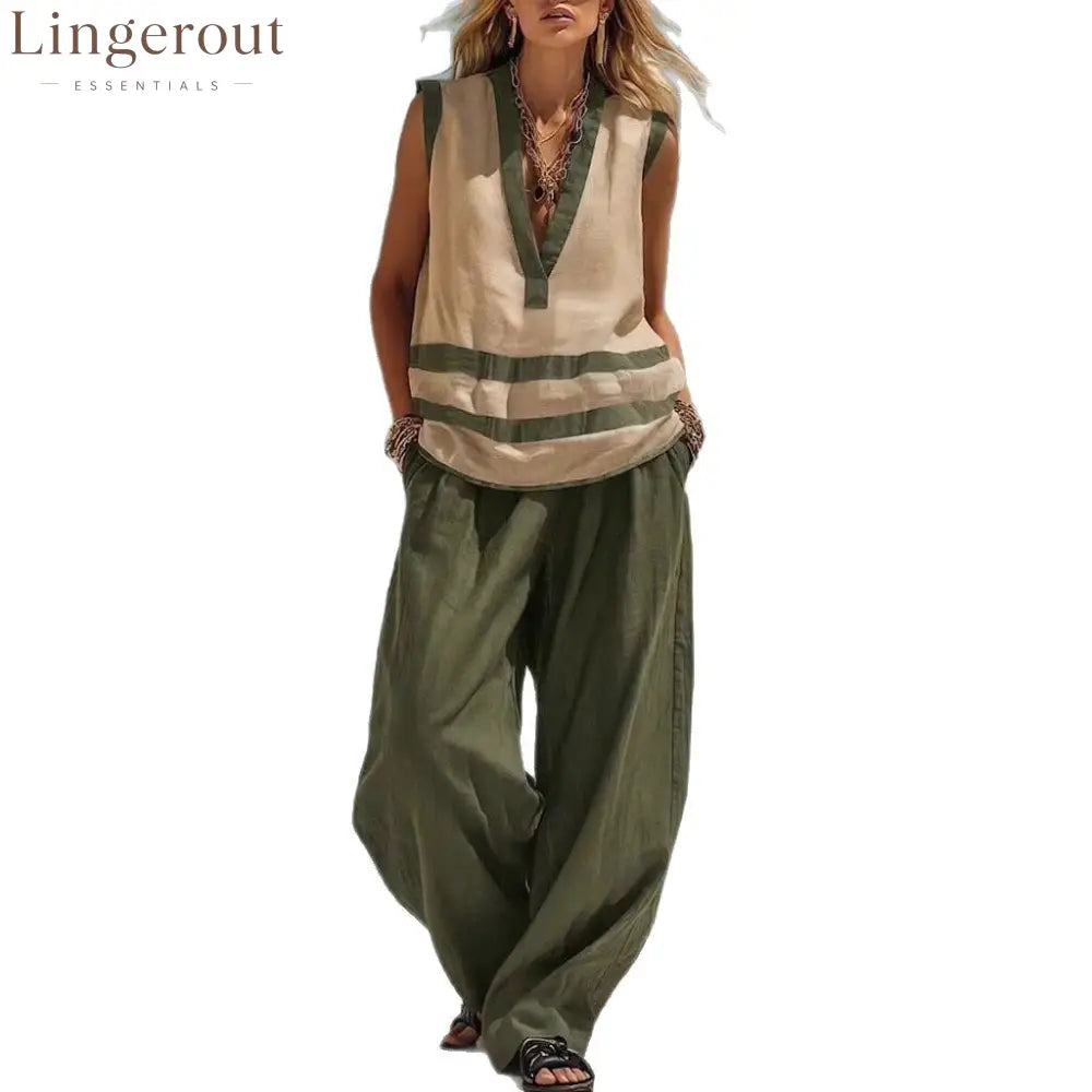 V-Neck Sleeveless Vest Wide-Leg Pants Suit Loose Casual Two-Piece Set For Women
