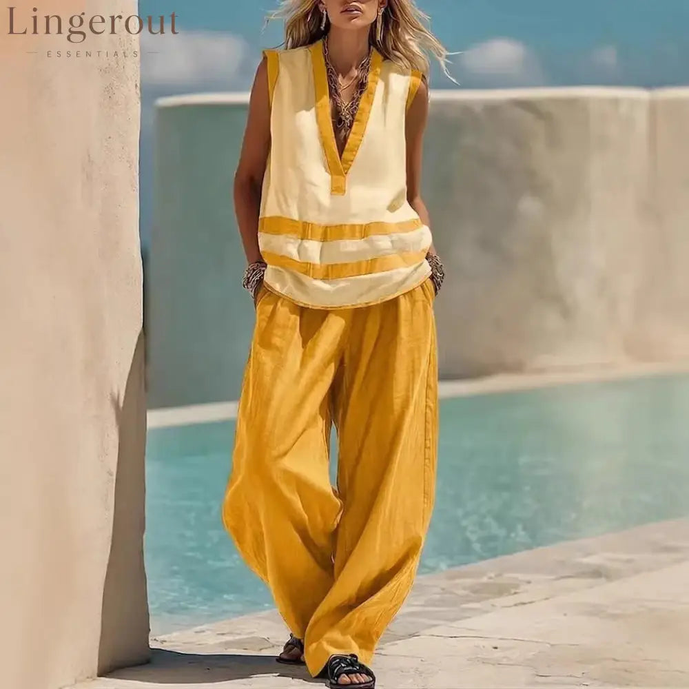 V-Neck Sleeveless Vest Wide-Leg Pants Suit Loose Casual Two-Piece Set For Women