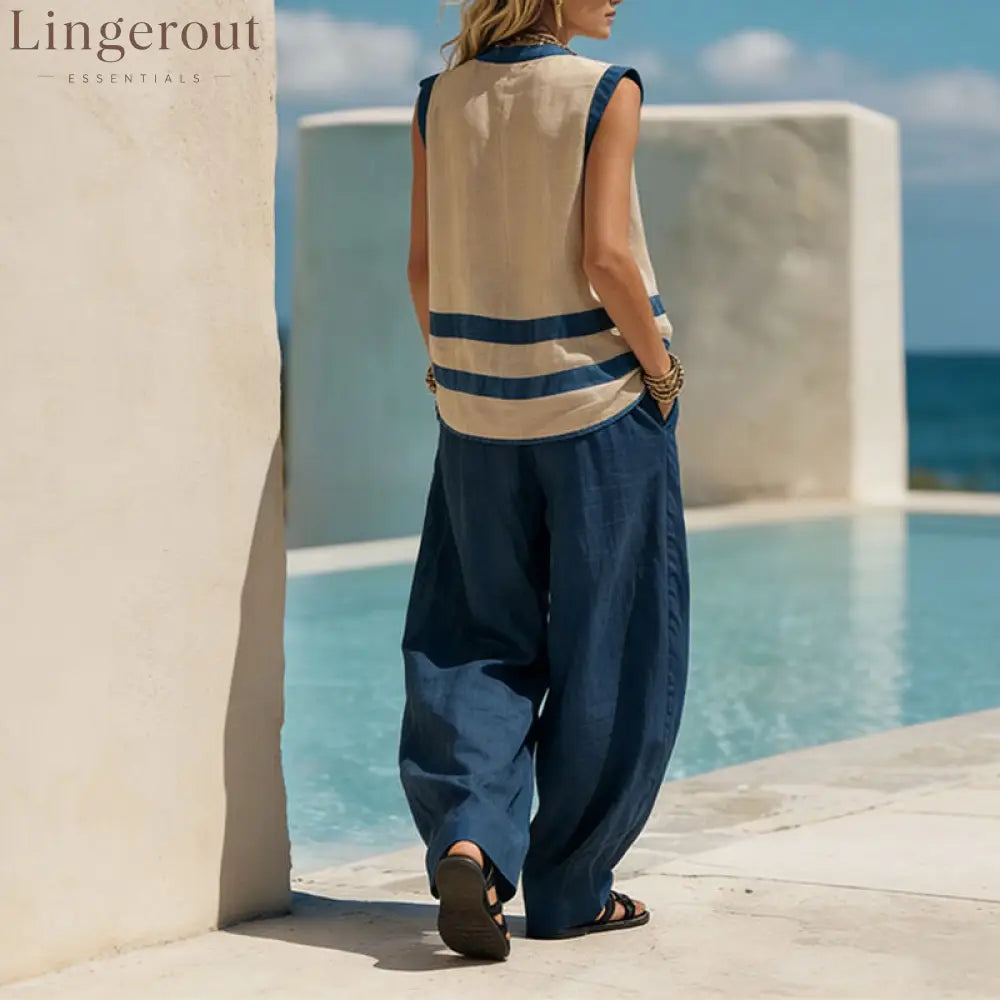 V-Neck Sleeveless Vest Wide-Leg Pants Suit Loose Casual Two-Piece Set For Women