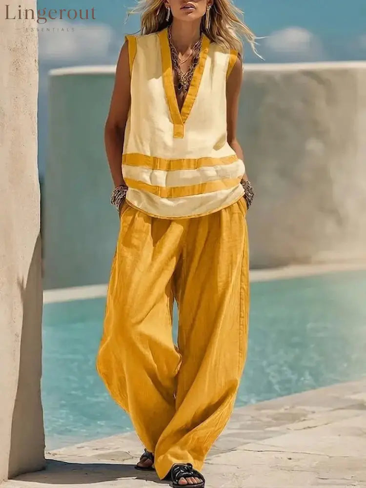 V-Neck Sleeveless Vest Wide-Leg Pants Suit Loose Casual Two-Piece Set For Women - Yellow / S