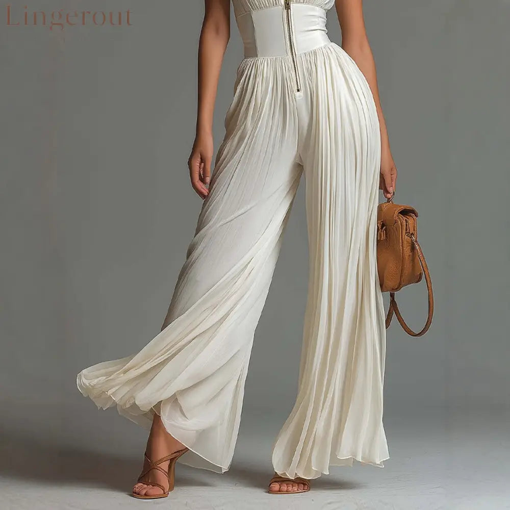 V-neck Sleeveless Zip-up Pleated Wide-leg Chiffon Jumpsuit
