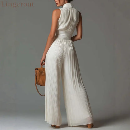 V-neck Sleeveless Zip-up Pleated Wide-leg Chiffon Jumpsuit