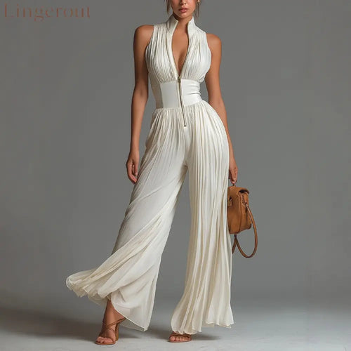 V-neck Sleeveless Zip-up Pleated Wide-leg Chiffon Jumpsuit