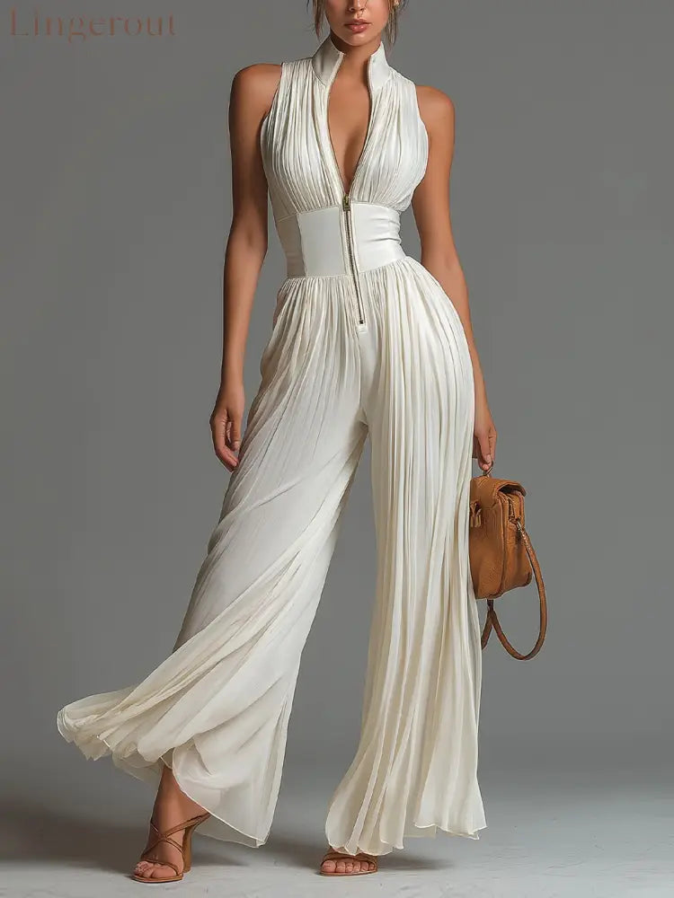 V-neck Sleeveless Zip-up Pleated Wide-leg Chiffon Jumpsuit - Milky / XS