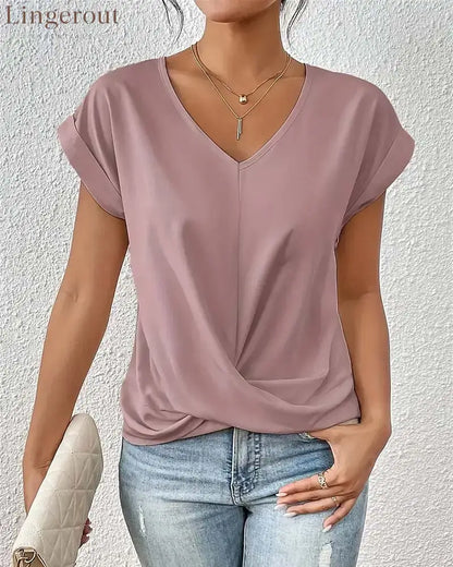 V-Neck Solid Color Elegant Short-Sleeved T-Shirt - Pink / S