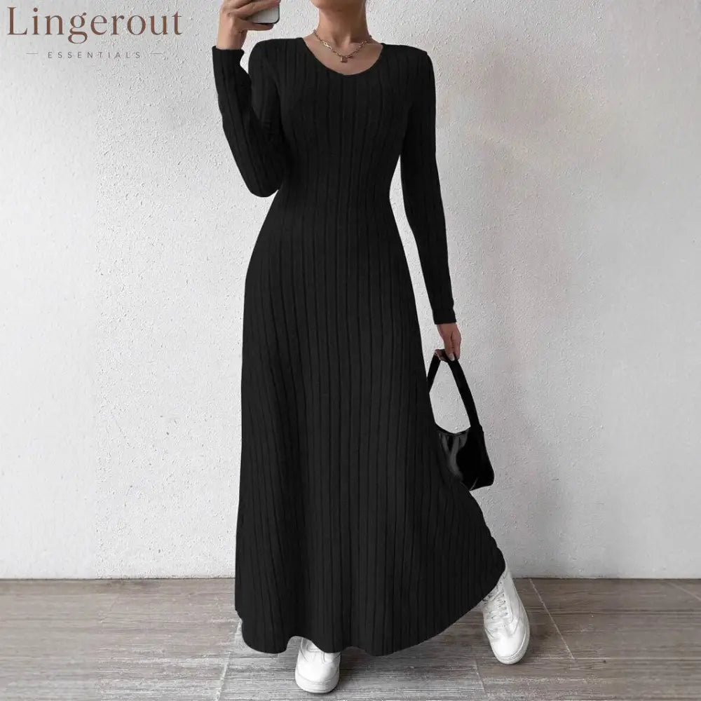 V-Neck Vertical Ribbed Knit Long Sleeve A-Line Maxi Dress